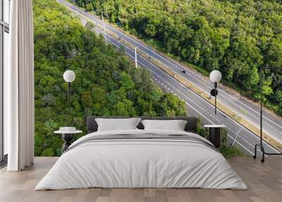 Aerial view of a multi-lane highway cutting through a dense forest with a single motorcycle on the road,  Earth Day concept Wall mural