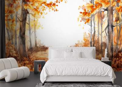 Autumn forest path with fallen leaves in shades of orange and yellow, watercolor frame with white empty space for text in the center isolated on a white background  Wall mural