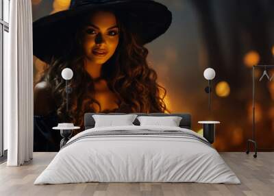 Beautiful witch with a Halloween pumpkin Wall mural