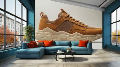 Camel-colored sneakers with chunky soles and a sporty design isolated on a light grey background rugged fall fashion  Wall mural