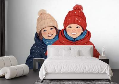 Children bundled up and pulling each other on a sled through a snow-covered park, joyful winter fun  Wall mural