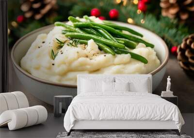 Christmas dinner table with bowls of creamy mashed potatoes, gravy, and festive green beans, classic comfort food for the holidays  Wall mural