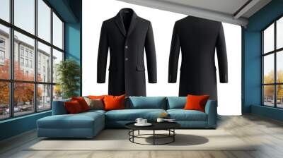 Classic black coat front and back mock up with tailored fit and button details isolated on transparent background  Wall mural