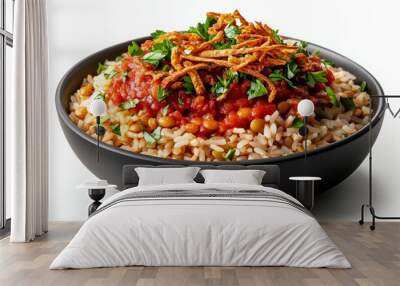 Close-up of Egyptian koshari, a mix of rice, lentils, and pasta topped with spicy tomato sauce and crispy onions, isolated on white background  Wall mural