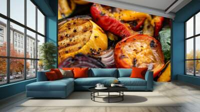 Close-up of grilled mixed vegetables including squash, peppers, and onions, char marks visible, vibrant and healthy, summer barbecue feel  Wall mural