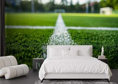 Close Up View of Soccer Field Grass with Cleat Impressions and White Line Markings Wall mural