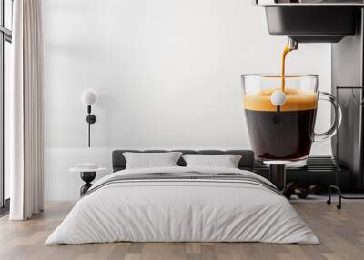 Coffee machine pouring a fresh cup of coffee into a large glass mug, steam rising, vibrant and rich aroma, isolated on a white background  Wall mural