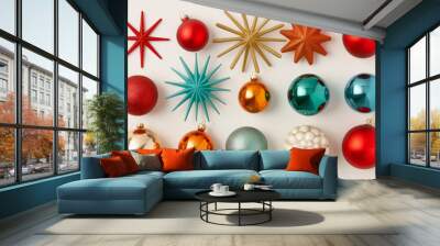 Collection of mid-century modern Christmas tree decorations including atomic starbursts and space-age designs isolated on a white background  Wall mural