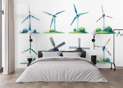 Collection of modern and traditional windmills isolated on white, representing renewable energy, sustainability, and Global Wind Day concepts Wall mural