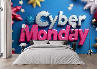 Colorful Cyber Monday text with bold letters on a metallic festive background with digital snowflakes and stars  Wall mural