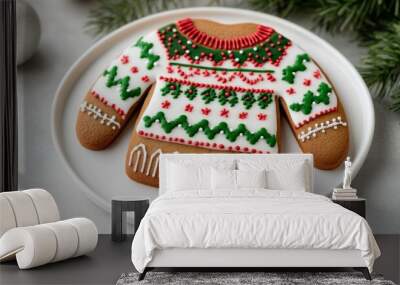 Creative gingerbread cookie shaped like a holiday sweater, covered in colorful frosting patterns for Gingerbread Decorating Day fun  Wall mural