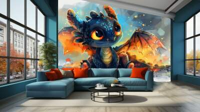 Cute black baby fantasy kawaii dragon with wings watercolor clipart  illustration Wall mural