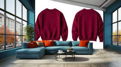 Deep burgundy pullover front and back mock up with ribbed hem and cuffs isolated on transparent background  Wall mural