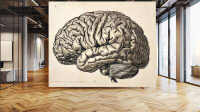 Detailed vintage medical illustration of a human brain, isolated on a light background with copy space, perfect for educational and scientific materials Wall mural