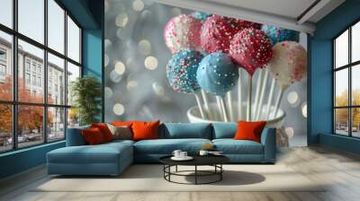 Firework-themed cake pops displayed in a white vase, subtle bokeh background  Wall mural