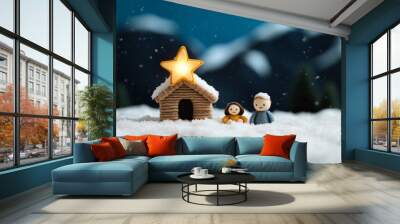 Frosty nativity scene under a glowing star, Holy Family surrounded by soft snowfall, snow-covered stable in the background  Wall mural