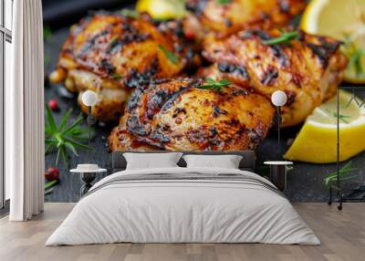 Grilled herb-marinated chicken thighs with lemon slices on a slate background, ideal for summer barbecues and healthy eating concepts Wall mural