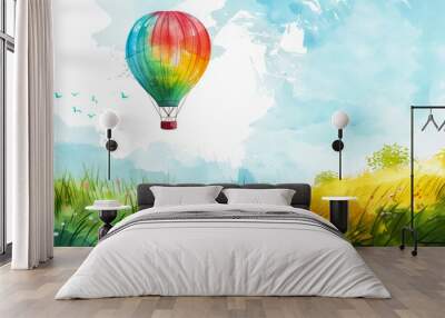 Hot air balloon drifting over lush countryside, watercolor capturing summer adventure and freedom  Wall mural