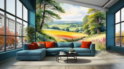 Idyllic countryside landscape with vibrant wildflowers and rolling hills, ideal for nature-themed designs and spring or summer seasonal backgrounds Wall mural