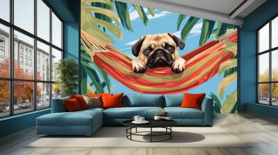 Illustration of Pug in a hammock, relaxing summer vibe  Wall mural