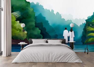 Jesus baptizing a follower in the river Jordan, watercolor effect, soft blues and greens, serene and spiritual moment  Wall mural