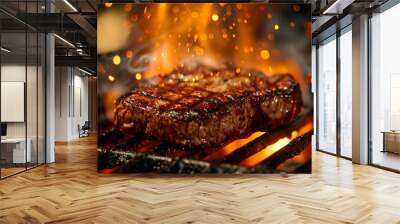 Juicy, grilled steak sizzling over an open flame, perfect for BBQ celebrations, summer cookouts, or Father's Day feasts Wall mural