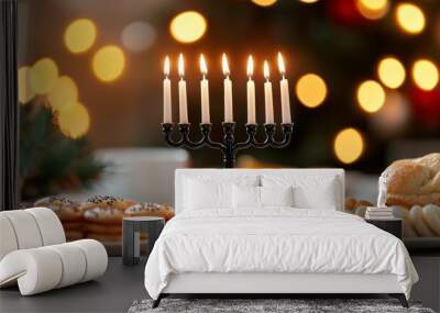 Menorah with all candles lit, surrounded by Hanukkah decorations and traditional treats, warm and festive atmosphere, evening setting  Wall mural