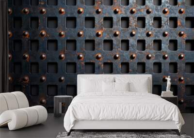 Metal background with a grid pattern and rust spots industrial style dark gray and brown tones  Wall mural