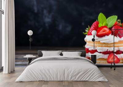 Minimalist delicious strawberry shortcake; background with empty space for text. Wall mural