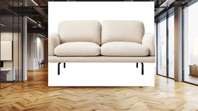 Minimalist light beige sofa front view with wide seat cushions and thin black metal legs isolated on transparent background  Wall mural