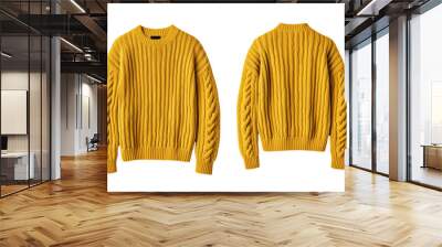 Mustard yellow sweater front and back mock up with cozy fit and textured knit pattern isolated on transparent background  Wall mural