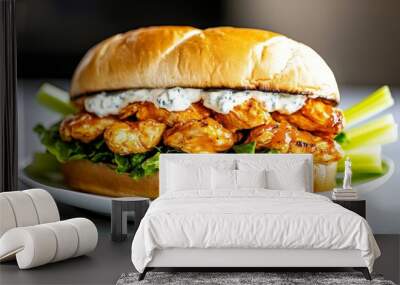 Pickle bun sandwich with spicy buffalo chicken, blue cheese dressing, and lettuce, served with celery sticks  Wall mural