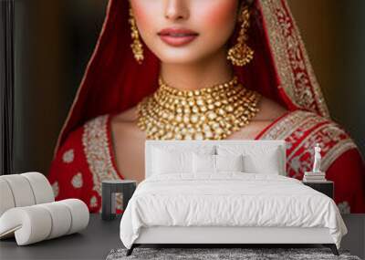 Regal Indian bridal attire rich red saree adorned with intricate zari work heavy traditional gold jewelry offset by a warm-toned luxurious background  Wall mural