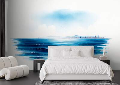 Serene watercolor seascape with distant city skyline, ideal for summer vacation concepts and holiday escape promotions Wall mural