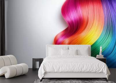 Side view of rainbow-colored hair styled in a high ponytail, colors flowing smoothly from the roots to the tips, white background  Wall mural