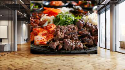 Sizzling Korean BBQ plate with diverse meats and vegetables Wall mural