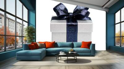 Sparkling silver gift box with an intricate royal blue ribbon in a perfect bow isolated on a transparent background  Wall mural