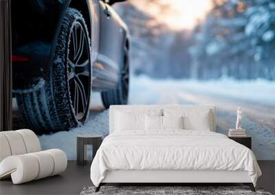 Sporty car with low-profile summer wheels on a first snow Wall mural