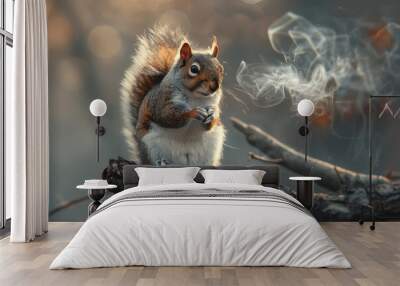 squirrel perched precariously on a branch, smoke swirling in the background, moment of uncertainty Wall mural