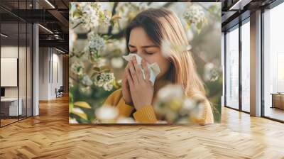 Stock photo style, young woman sneezing into a tissue surrounded by blooming flowers concept of spring allergies  Wall mural