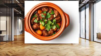 Top view of Moroccan tagine with lamb, apricots, and almonds, presented in a traditional tagine pot, isolated on white background  Wall mural