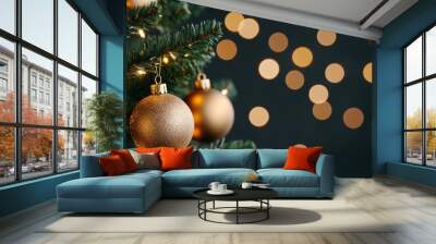 Traditional Christmas tree with glittering baubles and lights, softly blurred background creating a festive glow  Wall mural