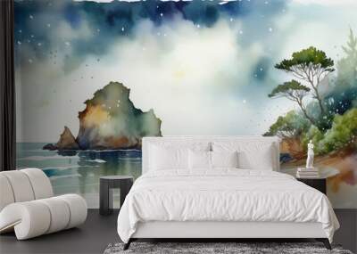 Tranquil watercolor seascape with rocky outcrop and lush greenery, ideal for travel themes and World Oceans Day promotional materials Wall mural