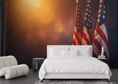 Two American flags backlit by a warm sunset glow, symbolizing patriotism and national holidays in the United States Wall mural