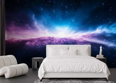 Vast black void with glowing stars and a swirling deep blue and purple nebula in the background creating a mysterious cosmic atmosphere  Wall mural