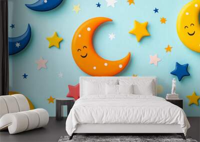 Vibrant goodie bag design for Ramadan children featuring playful crescent moons and colorful stars on a soft pastel background cheerful and festive packaging  Wall mural