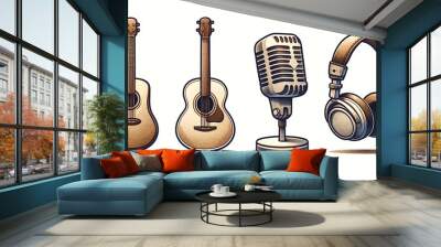 Vintage acoustic guitars, classic microphone, and retro headphones isolated on white, symbolizing summer music festivals and outdoor concerts Wall mural