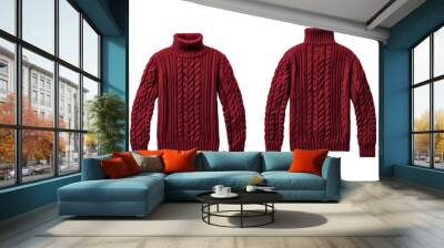 Warm maroon sweater front and back mock up with high neck and soft wool fabric isolated on transparent background  Wall mural