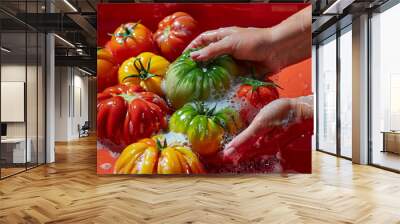 washing heirloom tomatoes isolated on a red gradient background  Wall mural