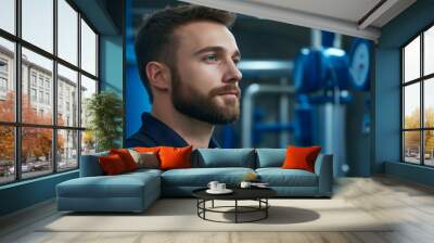 Water treatment plant operator checking digital readouts on a control board, with tanks and pipes in the background  Wall mural